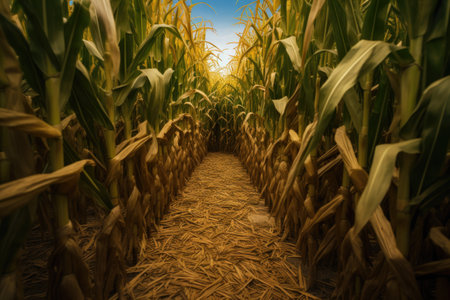 a path curving round in a dense corn maze, created with generative aiの素材