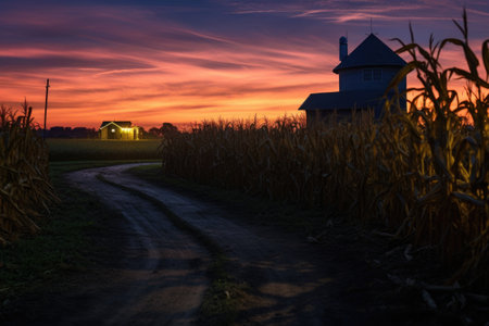 a corner turn in a corn maze under twilight sky, created with generative aiの素材