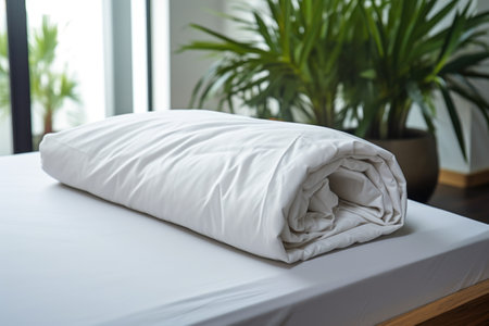 synthetic fiber comforter folded over a polished table, created with generative aiの素材