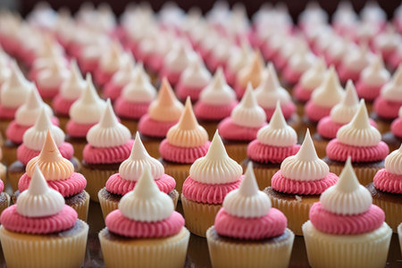 close-up of cupcakes with toppers, arranged in rows, created with generative aiの素材