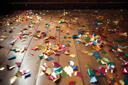 close-up of confetti scattered on a wooden floor, created with generative aiの素材