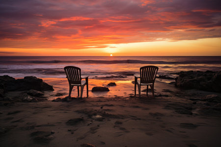 two empty chairs facing sunset on a beach, created with generative aiの素材