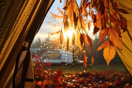 morning dew on tent in fall colors, created with generative aiの素材