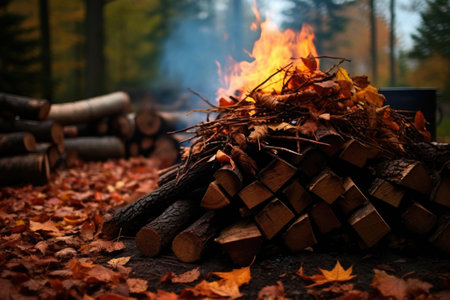 a smoky campfire with stacked firewood and autumn leaves nearby, created with generative aiの素材