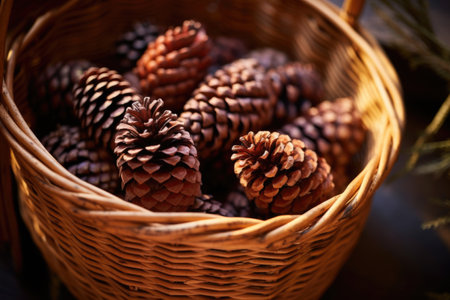 close up of pinecones in a basket, created with generative aiの素材