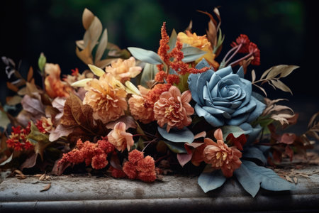 muted colored flowers on a tombstone with fallen leaves, created with generative aiの素材