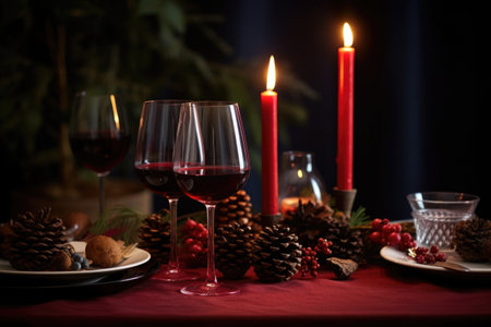 festive table setting with red wine, candles and pine cones, created with generative aiの素材