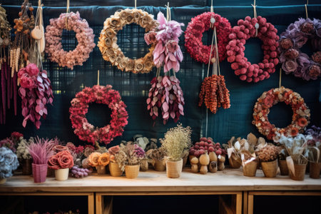a variety of handmade wreaths on display at a stall, created with generative aiの素材