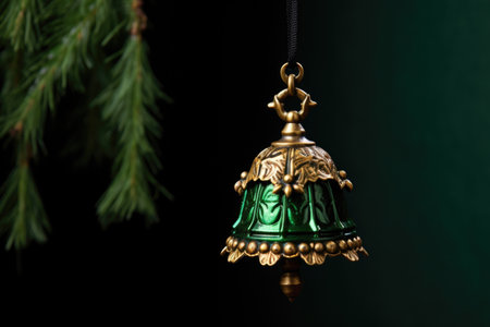 golden bell ornament against a dark green backdrop, created with generative aiの素材