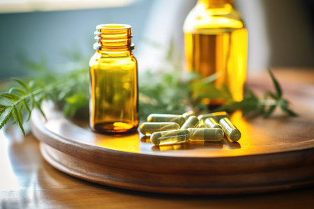 bottle of cbd capsules on a nightstand, created with generative aiの素材