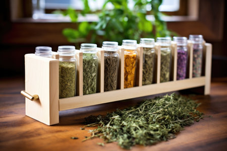 a selection of healthful herbal teas in a wooden rack, created with generative aiの素材