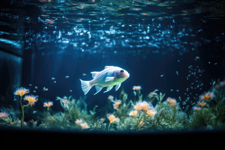 calming scene of a pet fish swimming in an illuminated aquarium, created with generative aiの素材