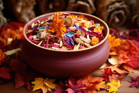 decorated potpourri bowl with autumn colors, created with generative aiの素材