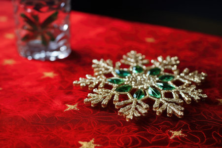 a glittery snowflake ornament resting on a vibrant tablecloth, created with generative aiの素材