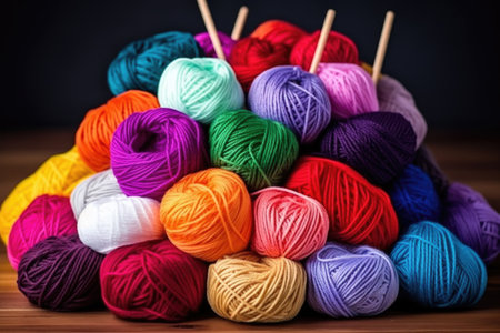 pile of colorful yarns with crocheting hooks & knitting needles, created with generative aiの素材