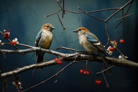 a pair of birds perched on a tree branch side by side, created with generative aiの素材