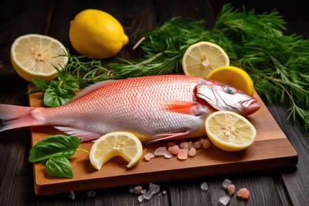 a raw fish placed next to fresh herbs and lemon, created with generative aiの素材