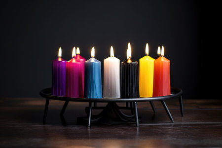 seven colorful candles in a black candle holder, created with generative aiの素材