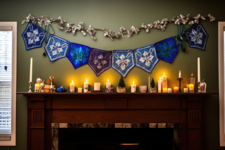 homemade hanukkah banner on a fireplace mantle, created with generative aiの素材
