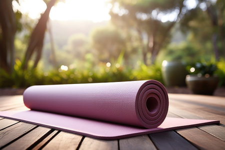 a yoga mat rolled out in a tranquil outdoor setting, created with generative aiの素材