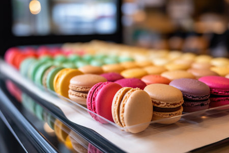a tray of colorful macarons on a cafe counter, created with generative aiの素材