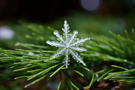 lone snowflake resting on a green pine needle, created with generative aiの素材