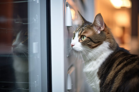 a cat staring at an open refrigerator, created with generative aiの素材