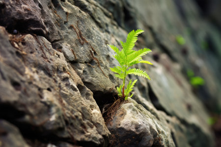 a plant growing in a tiny pocket of soil in a rock wall, created with generative aiの素材