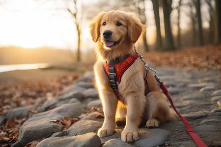a golden retriever puppy with a therapy harness, created with generative aiの素材