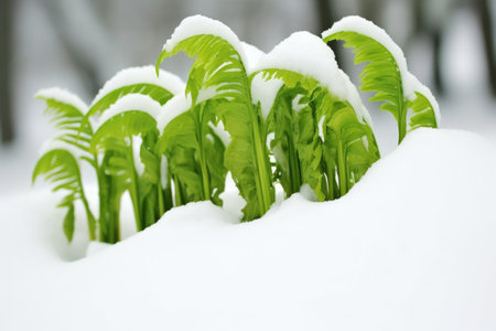 winter-green ferns peaking out of fresh snow, created with generative aiの素材