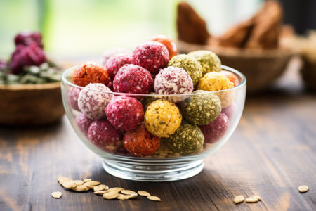 superfood snack balls in a glass bowl on wooden table, created with generative aiの素材