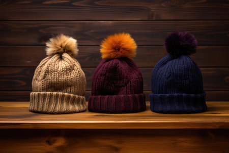 set of wool winter hats on a wooden table, created with generative aiの素材