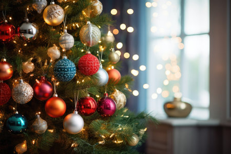 a decorated christmas tree with shiny ornaments, created with generative aiの素材