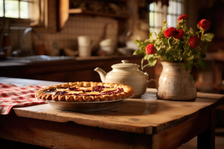 close up of a pie on a farmhouse kitchen table, created with generative aiの素材