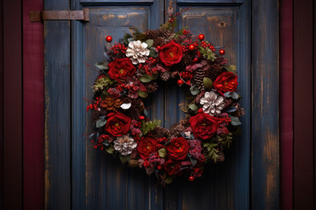 close up of holiday wreath on a wooden door, created with generative aiの素材