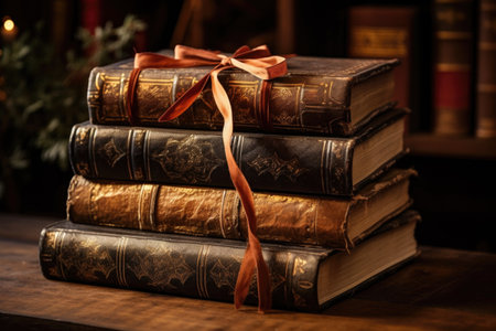 stack of antique leather-bound books, created with generative aiの素材