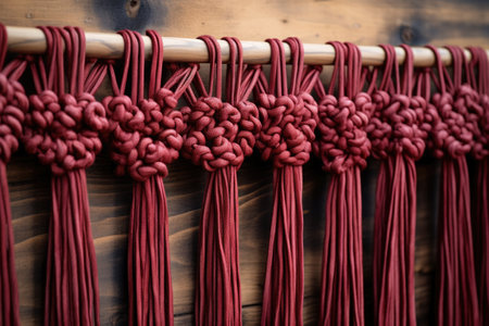 close-up of tied knots on a handmade macrame wall hanging, created with generative aiの素材