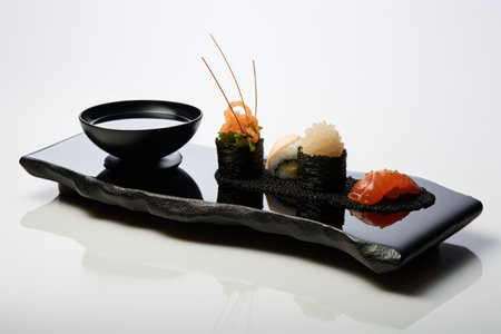 minimalist black serving dish holding gourmet sushi, created with generative aiの素材