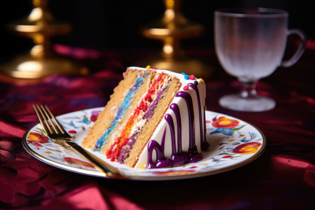 slice of cake on a festive plate, near napkin, created with generative aiの素材