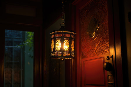front view of a lit lantern hanging by the entrance door, created with generative aiの素材