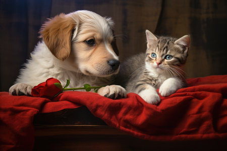 a kitten and a puppy sharing a bed, created with generative aiの素材