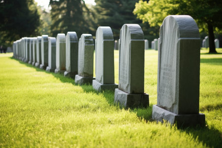 an orderly row of grey tombstones against a green lawn, created with generative aiの素材