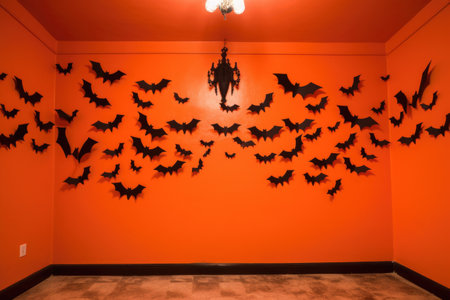 fake black bat silhouettes against an orange wall, created with generative aiの素材