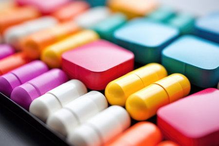 a pile of various color-coded pill boxes, created with generative aiの素材