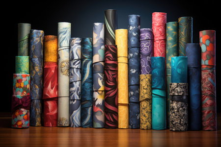 a variety of gift wrapping papers rolled and set upright, created with generative aiの素材