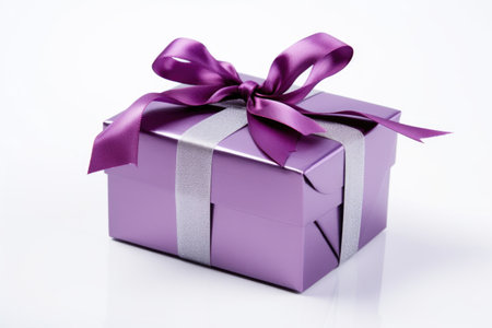purple gift box with a silver ribbon against a white backdrop, created with generative aiの素材