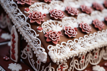 a close-up of royal icing details on a gingerbread house roof, created with generative aiの素材
