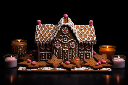 gingerbread house with lit candles inside, against a black background, created with generative aiの素材