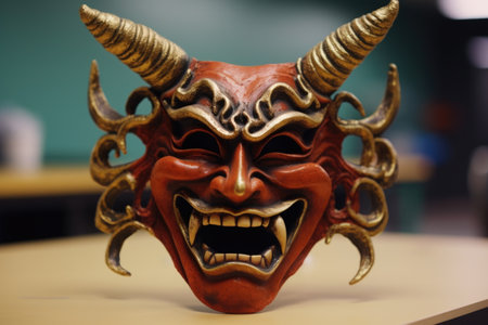 macro shot of a dramatic theatrical mask for drama class, created with generative aiの素材