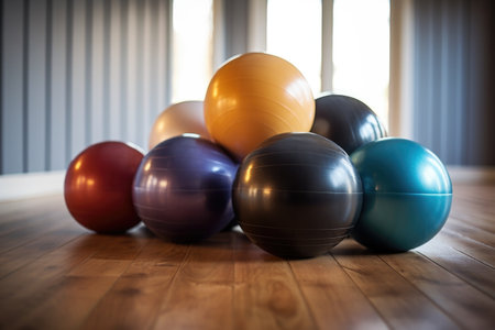 stacked pilates balls on a wooden floor, created with generative aiの素材
